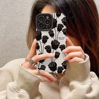 Coque de téléphone portable en cuir TPU souple avec impression de fleurs noires roses pour iPhone X Xr Xs 11 12 13 14 15 16 17 18 Pro Max