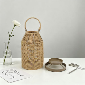 Hand Woven Portable Lampshade Imitation Rattan Cylindrical E27 Solar <b>Lighting</b> Tea Room <b>Decorative</b> Pendant Light - Product Image 2