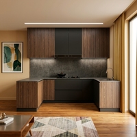 Meuble de cuisine laqué gris foncé mat haut de gamme, sur mesure, moderne, en forme de L, avec éclairage LED sous l'armoire
