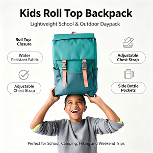 Roll Top <b>Backpack</b> Lightweight Waterproof Roll Top <b>School</b> Bag Multi Pockets Casual Daypack <b>for</b> Boys <b>Girls</b> Outdoor Travel - Product Image 1