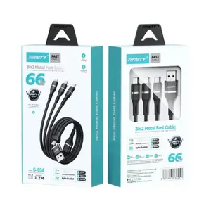 Cable metálico rápido Ansty 3 en 2 de 66W y 1.2M para Micro USB, USB-C y Lightning - Product Image 1