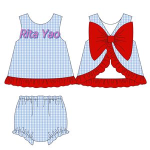Conjunto de Ropa a Juego para Hermanos para el 4 de Julio, Conjunto de Pantalones Cortos de Burbuja Azul a Cuadros para Bebé Niño y Niña con Monograma, Vestido con Lazo Lateral para Niña - Product Image 6
