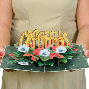 Merry Christmas 3D Pop-Up Handmade <b>Gloss</b> Varnished <b>Paper</b> Greeting Card with Floral Design for Holiday Celebration - Product Image 4