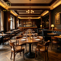 Meubles commerciaux Ron Group, table carrée en bois, chaises personnalisées avec revêtements, banquette en cuir capitonnée en forme de L