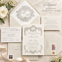 Suite d'invitations de mariage personnalisées avec monogramme en relief, papier texturé, carte RSVP, doublure d'enveloppe, motif floral, vente en gros, faible MOQ