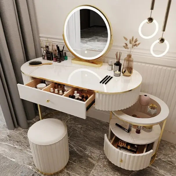 Modern Vanity aynalı tuvalet masası aynası makyaj masası ahşap çekmece Dresser makyaj aynası seti ışıkları ile