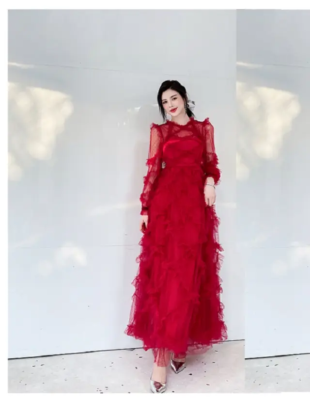 أعلى جودة جديد فستان طويل 2021 الخريف حزب الزفاف النساء المتتالية كشكش شبكة الزهور كم طويل أسود أحمر زهرة ماكسي أثواب
