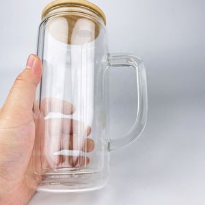 Gobelet à café en verre borosilicate à double paroi de 9oz, 11oz, 15oz, vierge pour sublimation, effet boule à neige avec paillettes, avec poignée - Product Image 4