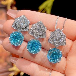 Fashion Eco-friendly Copper Rose Cut 12mm Sea Blue Zircon Party Floral Pendant <b>Earrings</b> <b>Set</b> Jewelry <b>Set</b> for Women Sparkly Party - Product Image 3