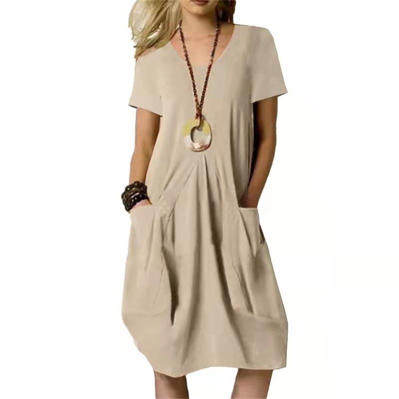 Sommer New Cotton Leinen Kleid Solid Loose Frauen Kleid Round Neck Casual Dress