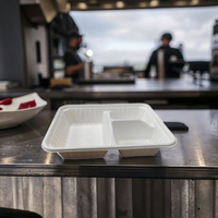 Boîte à lunch moderne en bagasse à 3 compartiments, compostable certifiée BPI, de qualité supérieure, jetable et alimentaire, pour la préparation de repas à emporter