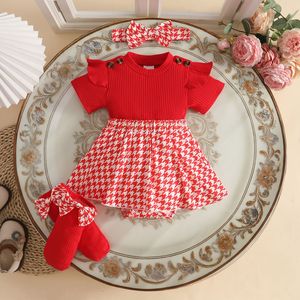 Completo Set Estivo 2026 per Bambine: Gonna Pied-de-Poule, Calzini e Copricapo in Cotone Traspirante con Maniche Volanti a Manica Corta - Product Image 2