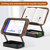 Support de livre en bois rotatif à 360°, réglable en hauteur, pliable, portable, avec clip latéral et espace de rangement pour livre de cuisine, recettes, ordinateur portable