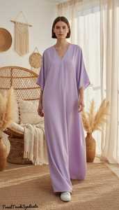 Women's Lavender Linen Maxi Caftan Regular Fit V-Neck Boho Lounge <b>Dress</b> Party Wear Knitted Fabric Eco-Friendly <b>Belt</b> B2B - Product Image 5