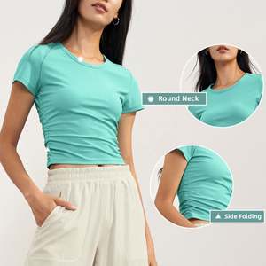 Côtelé femmes respirant sport haut court femmes vêtements de Sport Gym Fitness plaine serré T-Shirt - Product Image 3