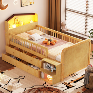 Natural Wood Children's Bed With Led Light <b>Drawers</b> <b>Storage</b> Guardrails For Kids Bedroom Wheat Colored N160 - Product Image 1