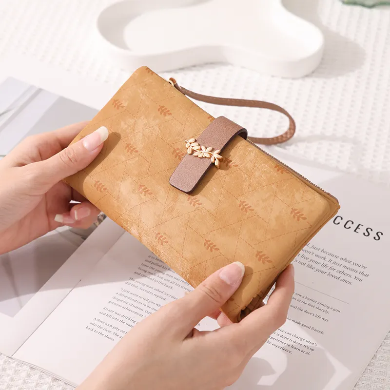 PRETTYZYS dompet genggam kulit asli, dompet panjang kapasitas besar sederhana buatan tangan gandum atas pola kustom
