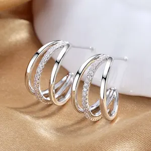 2021 New Arrivals Jewelry Three Layers Big Circle Stud Earring Exquisite Ins Style Silver Color Inlaid Diamond Hoop Earring