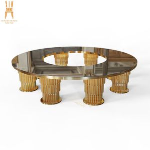 Tavolo da Pranzo di Lusso con Piano in Vetro Rotondo e Base a Colonna in Acciaio Inox Dorato per Banchetti in Hotel ed Eventi Nuziali - Product Image 2
