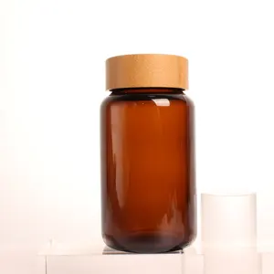 300cc 300ml High End Empty Amber Glass Bottle Bamboo Lid Jar for Medical Use Vitamin Pills Medicine Capsule Packing Bottle Pack