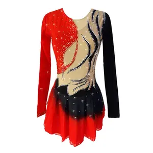 Платье для катания на коньках женское, эластичный Детский костюм для танца живота со стразами и красными кружевами
