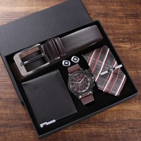 Jam Tangan Quartz Pria dengan Kemasan Mewah, Dompet Sabuk, Kombinasi Sederhana Kreatif, Set Hadiah Mewah untuk Ulang Tahun dan Festival