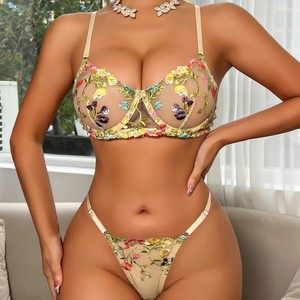Ensemble de lingerie sexy avec soutien-gorge à armatures et string à imprimé floral, export direct de l'usine. - Product Image 1