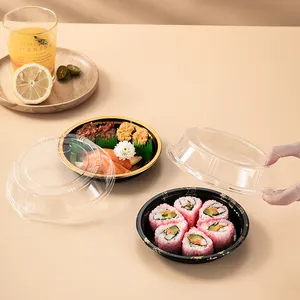 Takeaway-Tablett kreisförmiger Plattenbehälter Verpackung Sushi-Schachtel Tablets mit Deckel Fast-Food-Sushi-Tablett aus Kunststoff individuell rund Einweg