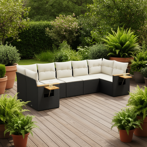 Conjunto de sofás modernos para patio exterior en mimbre negro y blanco crema con mesas laterales para muebles de jardín. - Product Image 2