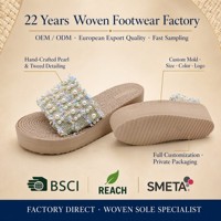Sandales compensées légères et antidérapantes en EVA pour femmes, personnalisables OEM, avec lanière en tweed perlé, fils dorés et bords effilochés, coloris pastel, idéales pour l'été