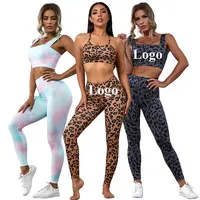 Oem conjunto de leggings esportivas com estampa de leopardo, cintura alta, 2 peças, conjunto para treino, calças e yoga