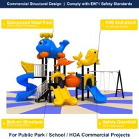 Équipement de jeu extérieur commercial de haute qualité pour enfants : structure en acier avec toboggan double spirale, balançoire, tunnel rampant et escalier, OEM
