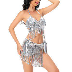 Ensemble bikini métallique 3 pièces, franges à paillettes rave, haut halter dos nu à nouer, jupe de fête à nœuds latéraux et culotte - Product Image 1