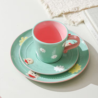 Assiette et service à thé en céramique en forme d'ours en peluche, figurine 3D, imprimé floral coloré, vaisselle en porcelaine pour cadeau