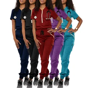 2022スタイリッシュなスクラブユニフォームセットナース病院ユニフォームナーススクラブジッパーセット半袖女性スクラブジョガーセット