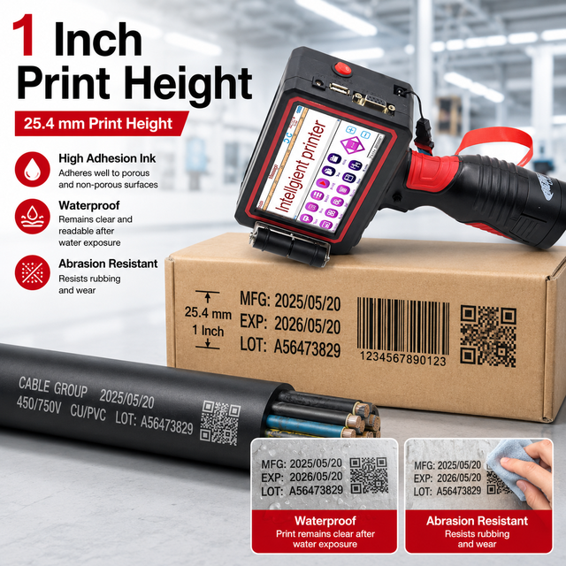 Premium 25.4mm one inch Handheld Inkjet Printer Portable for Color Logo Date Batch Code Printing on Curved Carton Plastic Metal