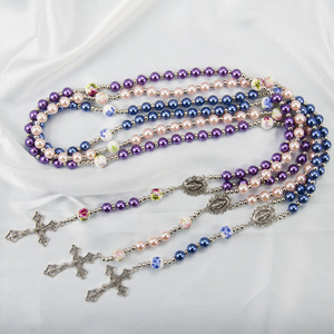 Chapelet catholique tendance en perles, bijoux religieux, pendentif croix miraculeuse Vierge Marie, cadeaux de baptême et de prière unisexes - Product Image 3