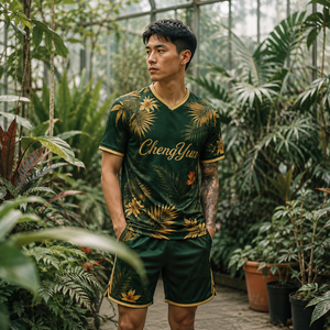Camiseta de Fútbol Verde Selva Tropical, Camiseta de Fútbol de Lujo con Hojas de Palma Doradas, Ropa Deportiva Exótica de Verano - Product Image 5