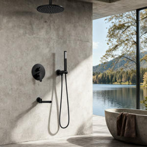 Ensemble de pomme de douche encastrée en cuivre brossé finition or, avec corps de douche chaud et froid et valve en cuivre pour salles de bain - Product Image 4