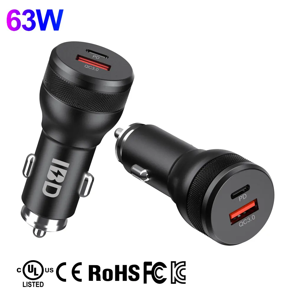 OEM logo Laptop Cellphone Qc3.0 18w Pd 45w PPS 55w Charger Pc Car Type c 63w Pd dual 2 Port Car Charger Fast Charging Computer