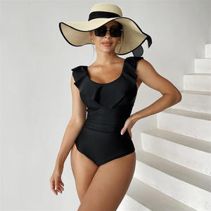 Maillot de bain une pièce rouge pour femmes, col carré, à volants, taille haute, tricoté extensible, vêtements de plage - Product Image 3