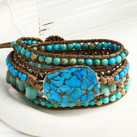 Bracelet Bohème Multicouche à 5 Brins en Cordon de Cuir Tressé avec Pierres Rectangulaires de Jaspe Impérial, Turquoise et Améthyste