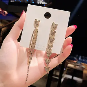 Luxury Asymmetric Love Heart Long Tassel Dangle Earring for Women Bling Bling Rhinestone Gold Metal Wedding Earring Jewellery