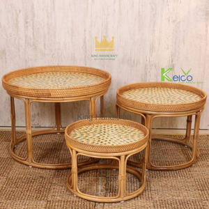 Custom Wholesale Modern Rattan Nightstand <b>Table</b> Mother of Pearl Mosaic Top <b>Round</b> <b>Bedside</b> Coffee Side <b>Table</b> Set - Product Image 5