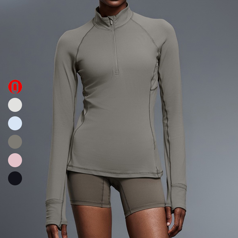 Solid Color Stand Collar Top Long Sleeve Tight Wear Yoga Coat Women Soft Training Half Zipper Fitness Streetwear Gym Active Tops