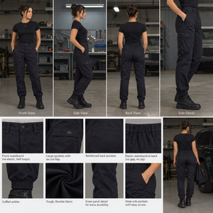 <b>Women</b> Breathable Comfortable Canvas <b>Work</b> <b>Pants</b> <b>Black</b> Cargo Elastic Waistband Cuffed Ankles Abrasion Resistant CE Certified - Product Image 2