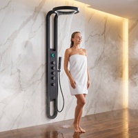 Panneau de douche mural thermostatique noir mat avec affichage numérique, cascade et pluie LED pour salle de bain, hôtel, spa