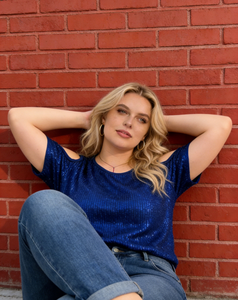 Haut décontracté d'été en maille à sequins bleu roi uni pour femme, grande taille, col rond ample, manches courtes - Product Image 6