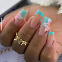 Faux ongles artificiels souples blancs nude 3D à volants, forme carrée française, couvrance totale, avec colle, strass et breloques cœur, faits à la main