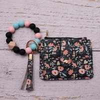 Dompet Baru Warna Solid Motif Bunga Stroberi Resleting Vertikal Dompet Koin Kulit PU Gelang Silikon Tempat Kartu Gantungan Kunci
